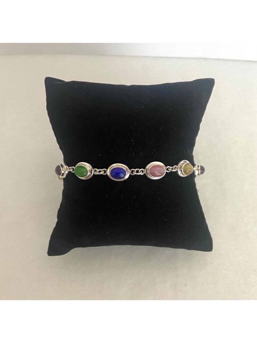 Sterling Silver 925 Multi Colored Oval Cats Eye Link Station Bracelet Sz 7.75" - Picture 3 of 16